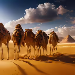 a line of camels walk through the desert