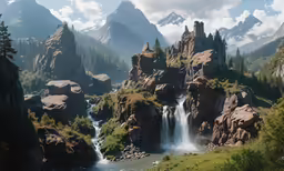 the view of a waterfall from above looking down a mountain