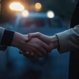 people shaking hands in front of a car