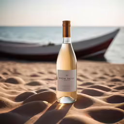 a bottle of wine on the sand with a boat in the background