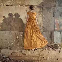 a woman is dressed in an orange dress while looking down at something