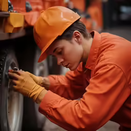a truck driver checks the tire on his truck