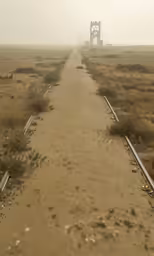 the railroad tracks follow through the dry prairie land