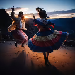 two people dancing on a hill during the evening