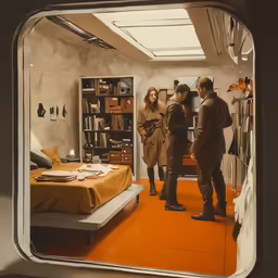 a couple of people standing inside of a small room