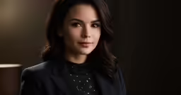 a woman standing in front of a black wall wearing a black dress and blazer
