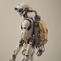 a robot carrying a backpack and some sunglasses