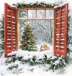 a window and small christmas tree covered in snow