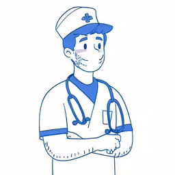 the doctor poses for a blue and white picture