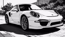 white sports car with the hood down,a white porsche parked in front of a building