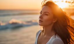 a woman looking back in the distance at sunset