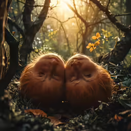 two red haired monkeys laying in the woods