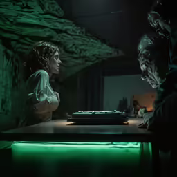 a woman and two men looking at something on the table