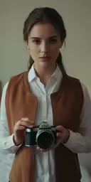 a woman holding a camera looking at the camera