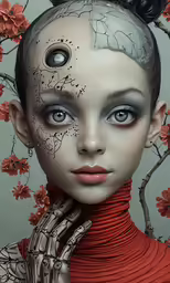 a portrait with flowers and an emo, blue eyes, hand on her face and neck, on top of a red dress and gray background