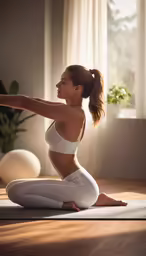 a young woman doing yoga exercises in her home
