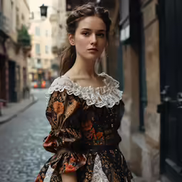 a young woman in an elaborate dress standing in the street