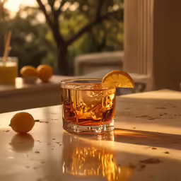 a glass full of an orange and some lemons on a table