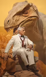 there is a man that is sitting next to an adult dinosaur