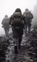 a group of men walking in the fog on a trail