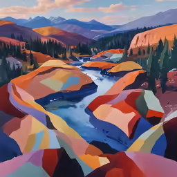 a painting of some colorful mountains near a body of water