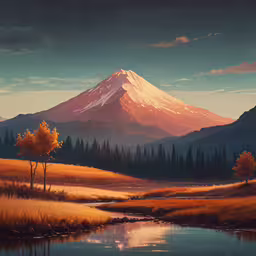 a painting of a mountain with a river on a sunny day,a painting of the mountain scenery near a stream