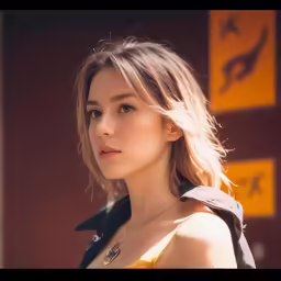 a young woman with blonde hair looks ahead while standing outside