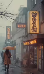 a woman walking down a street holding an umbrella