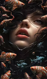 a woman with her head hidden in fishes