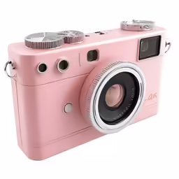a pink camera with two lens zooms