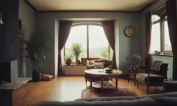a living room with couch, chair and a clock