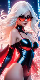 a woman in black leather and red lingerie posing