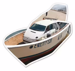 a white car with blue lettering parked next to a small boat