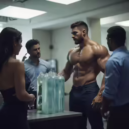 a man is standing near some bottles of water