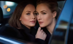 two women that are sitting in a car