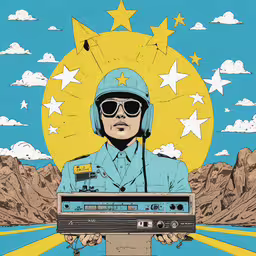 a man wearing sunglasses is sitting in front of the mountains,a poster that has the caption for the image on the bottom