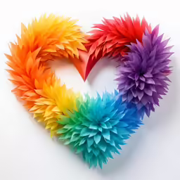 four colorful paper flowers arranged in a heart shape