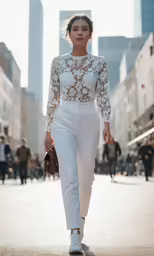 a model walks down the runway wearing white