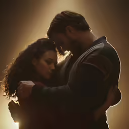a man and a woman hug as the sun goes down