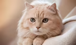 an orange cat with light green eyes rests against a blanket