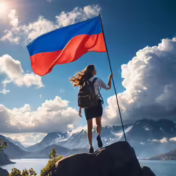 a woman with a backpack standing on top of a mountain