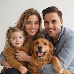 a man, woman and boy holding a dog with the golden retriever in the lap