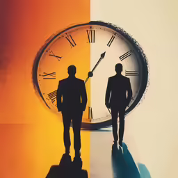 the image depicts two people with a big clock