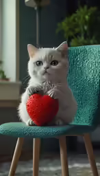 cat sitting on stool holding a heart shaped toy