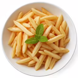 a plate full of french fries with a leaf