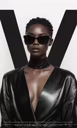 a woman wearing a black leather outfit and sunglasses