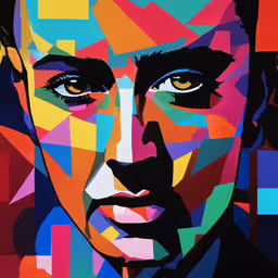 a close up of a person with one eye closed,a painting of a man with colorful background