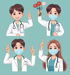 a cartoon character wearing a surgical mask, with flowers in each