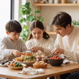 an asian family are eating together at a table
