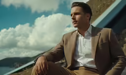 a man wearing a suit sitting on a bench near the ocean